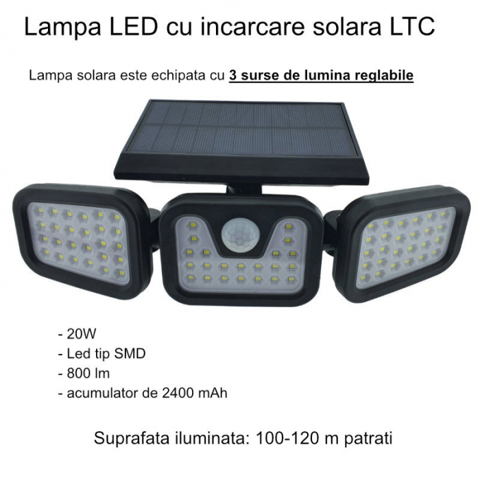 Lampa LED tripla, reglabila, cu incarcare solara, LTC 76691, 20W, SMD, 800lm, acumulator 2400mAh, cu senzori, neagra [6]
