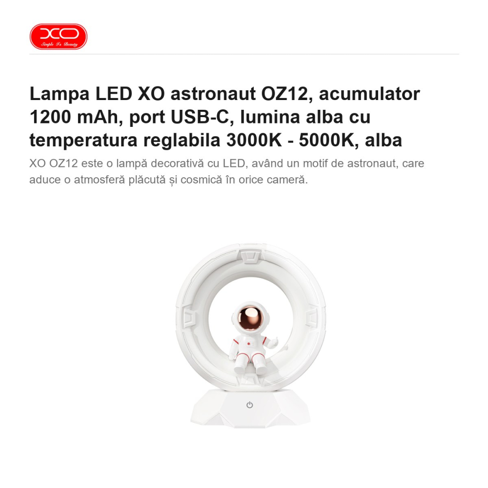 Lampa LED XO astronaut OZ12, acumulator 1200 mAh, port USB-C, lumina alba cu temperatura reglabila 3000K - 5000K, alba [2]