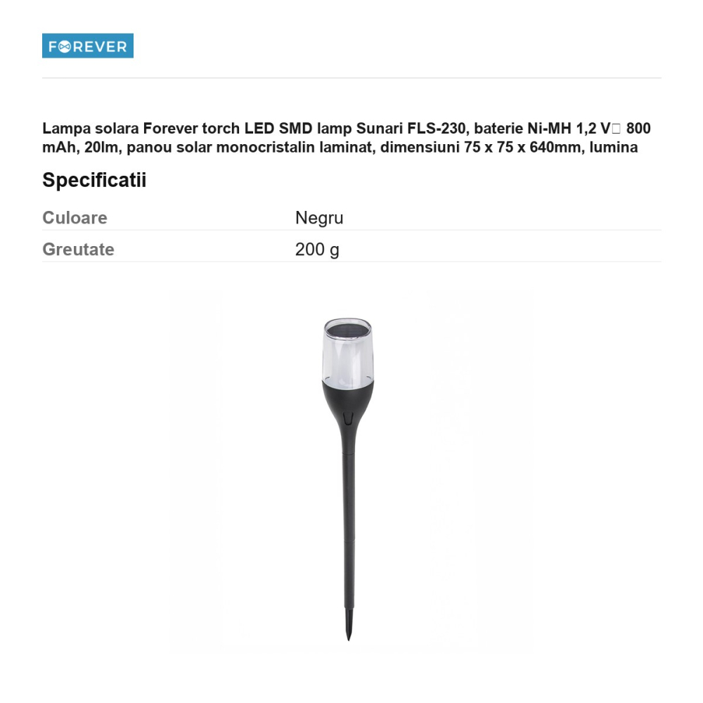 Lampa solara Forever torch LED SMD lamp Sunari FLS-230, baterie Ni-MH 1,2 V⎓ 800 mAh, 20lm, panou solar monocristalin laminat, dimensiuni 75 x 75 x 640mm, lumina calda [3]