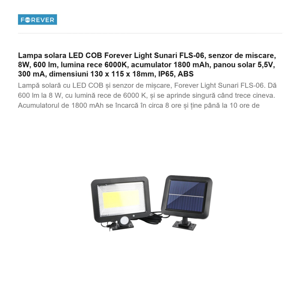 Lampa solara LED COB Forever Light Sunari FLS-06, senzor de miscare, 8W, 600 lm, lumina rece 6000K, acumulator 1800 mAh, panou solar 5,5V, 300 mA, dimensiuni 130 x 115 x 18mm, IP65, ABS [2]