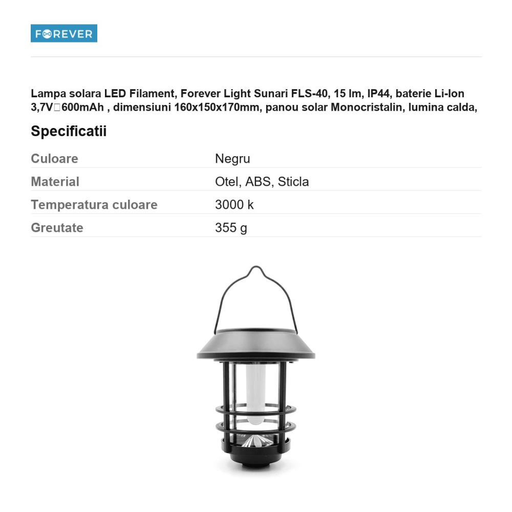 Lampa solara LED Filament, Forever Light Sunari FLS-40, 15 lm, IP44, baterie Li-Ion 3,7V⎓600mAh , dimensiuni 160x150x170mm, panou solar Monocristalin, lumina calda, material otel, ABS, sticla [3]