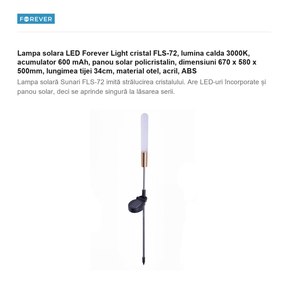 Lampa solara LED Forever Light cristal FLS-72, lumina calda 3000K, acumulator 600 mAh, panou solar policristalin, dimensiuni 670 x 580 x 500mm, lungimea tijei 34cm, material otel, acril, ABS [2]