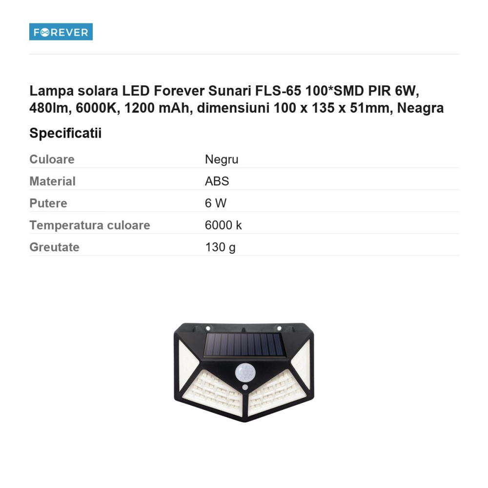 Lampa solara LED Forever Sunari FLS-65 100*SMD PIR 6W, 480lm, 6000K, 1200 mAh, dimensiuni 100 x 135 x 51mm, Neagra [3]