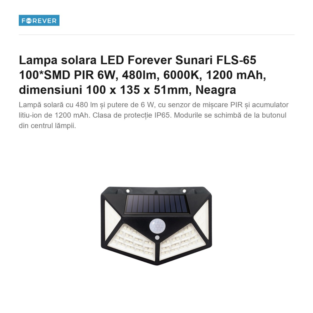 Lampa solara LED Forever Sunari FLS-65 100*SMD PIR 6W, 480lm, 6000K, 1200 mAh, dimensiuni 100 x 135 x 51mm, Neagra [2]