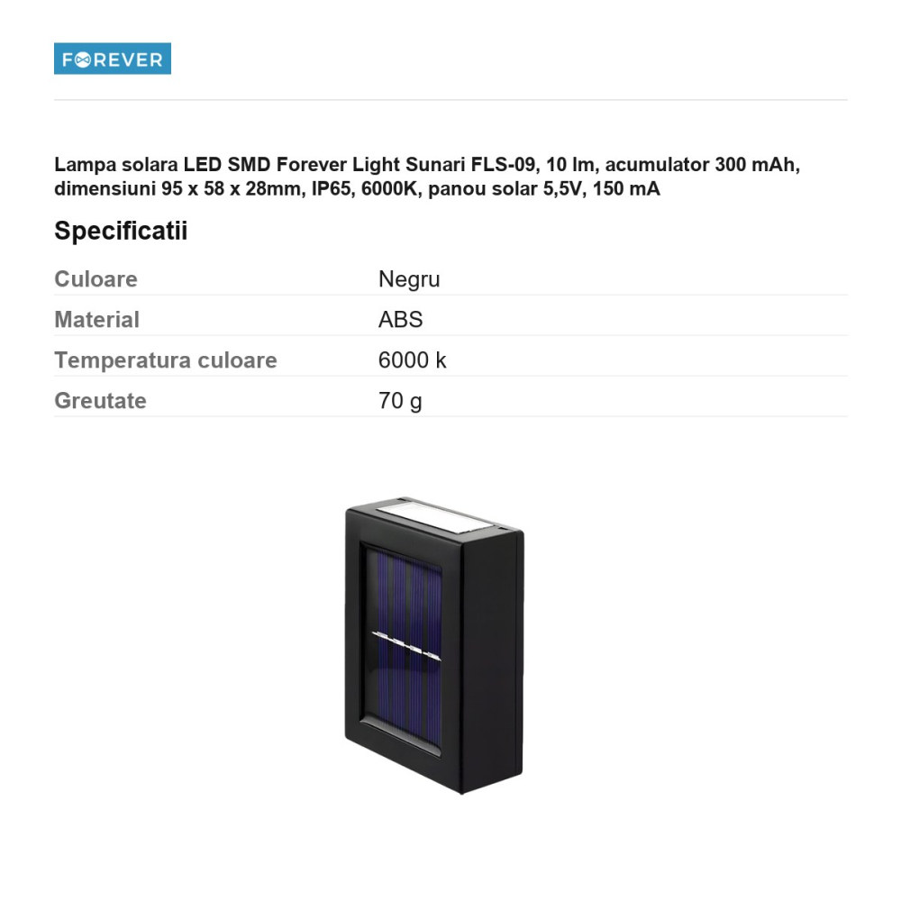 Lampa solara LED SMD Forever Light Sunari FLS-09, 10 lm, acumulator 300 mAh, dimensiuni 95 x 58 x 28mm, IP65, 6000K, panou solar 5,5V, 150 mA [3]