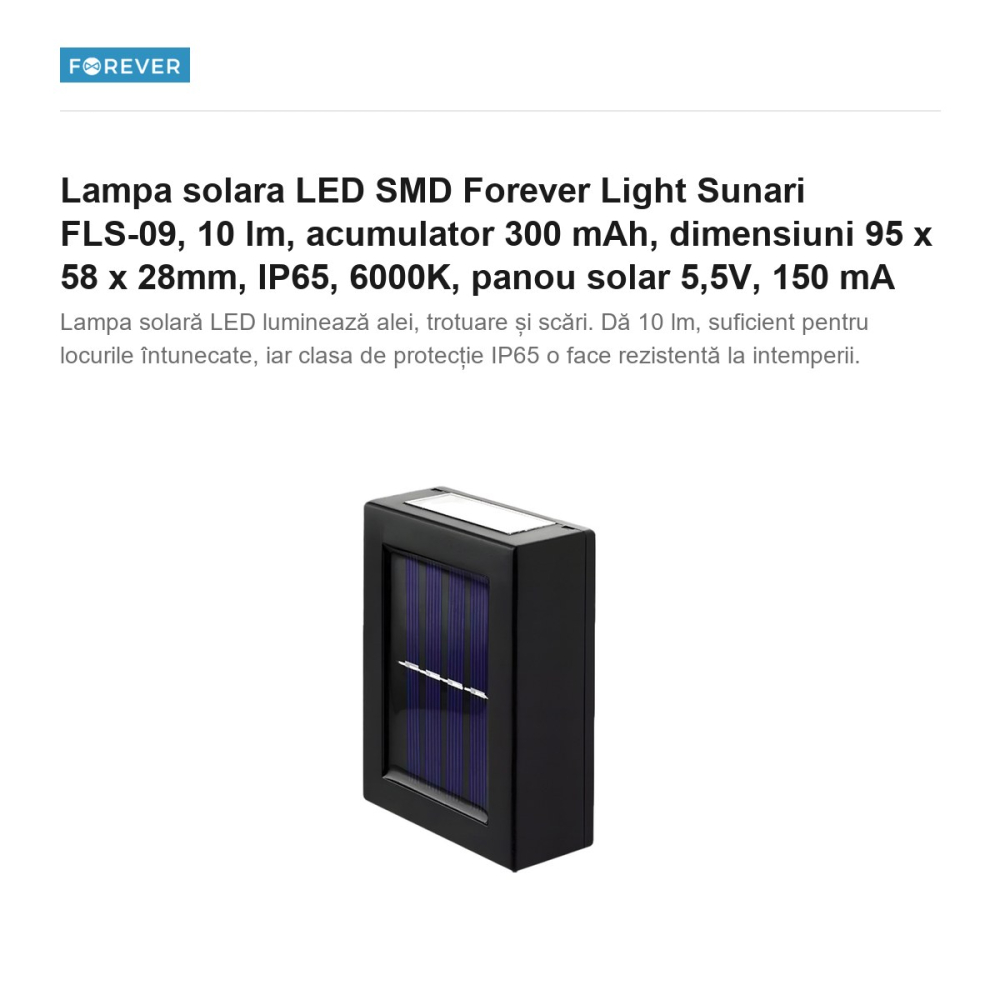 Lampa solara LED SMD Forever Light Sunari FLS-09, 10 lm, acumulator 300 mAh, dimensiuni 95 x 58 x 28mm, IP65, 6000K, panou solar 5,5V, 150 mA [2]