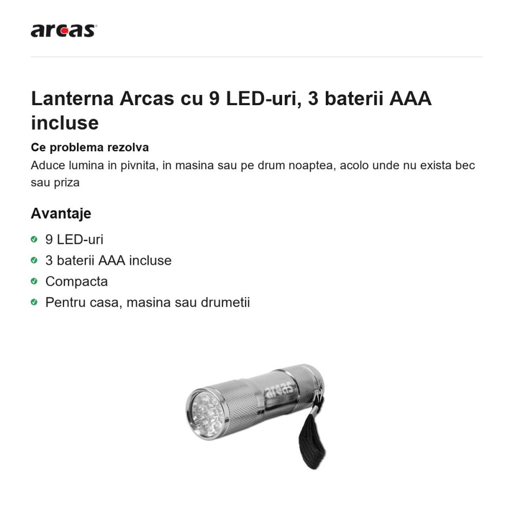 Lanterna Arcas cu 9 LED-uri, 3 baterii AAA incluse [2]