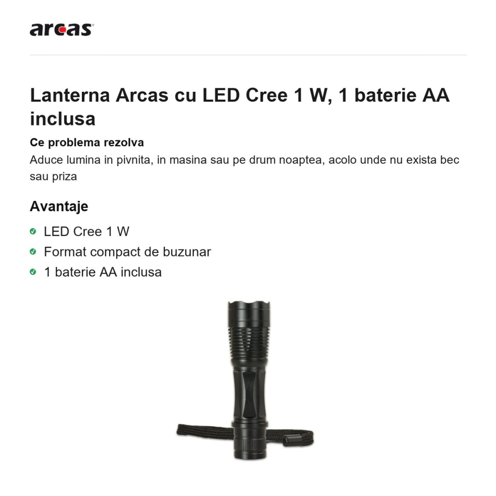 Lanterna Arcas cu LED Cree 1 W, 1 baterie AA inclusa [2]