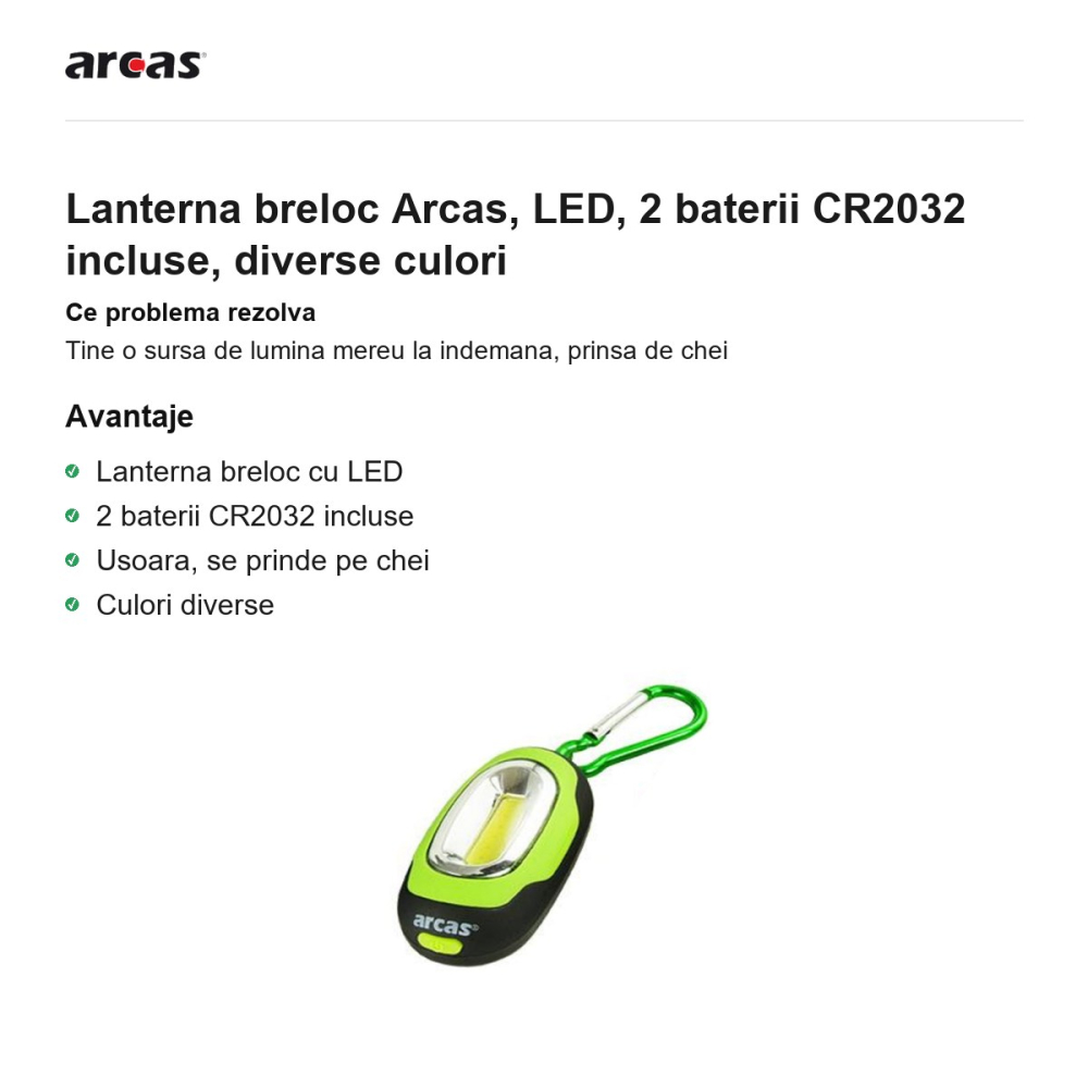 Lanterna breloc Arcas, LED, 2 baterii CR2032 incluse, diverse culori [2]
