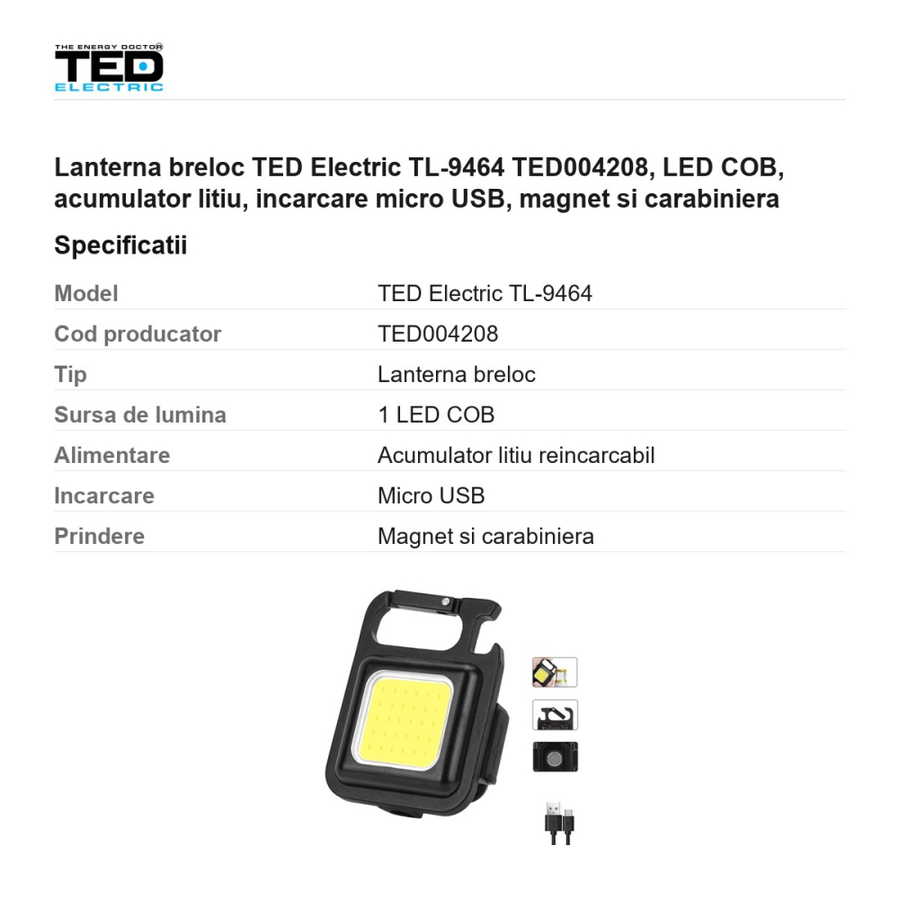 Lanterna breloc TED Electric TL-9464 TED004208, LED COB, acumulator litiu, incarcare micro USB, magnet si carabiniera [3]