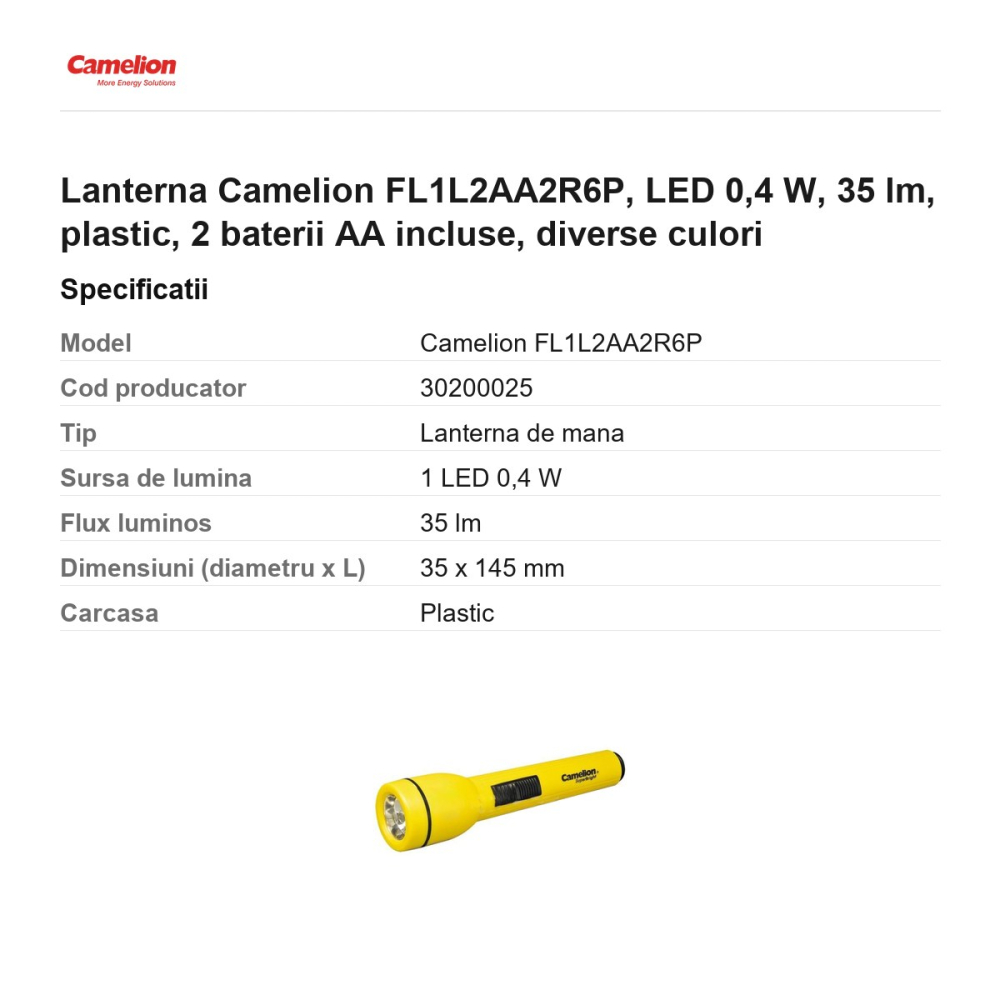 Lanterna Camelion FL1L2AA2R6P, LED 0,4 W, 35 lm, plastic, 2 baterii AA incluse, diverse culori [3]