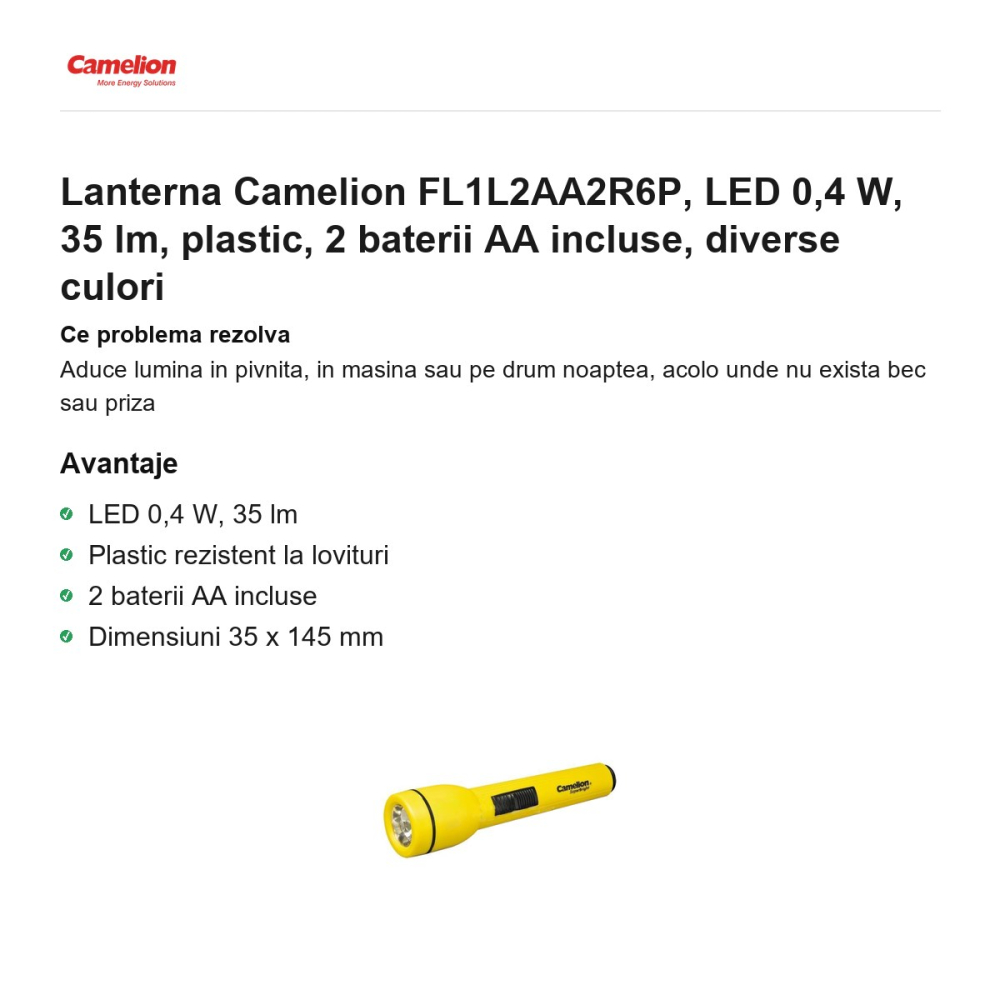 Lanterna Camelion FL1L2AA2R6P, LED 0,4 W, 35 lm, plastic, 2 baterii AA incluse, diverse culori [2]