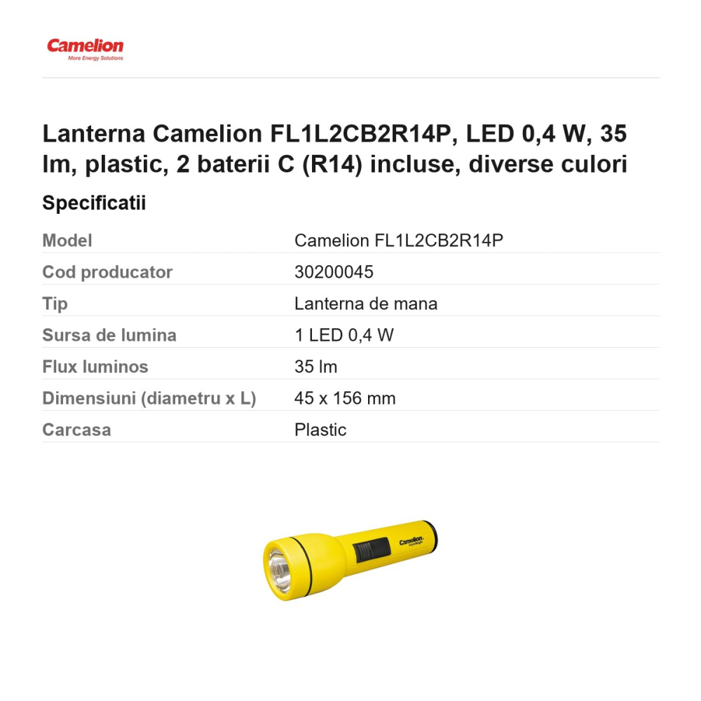 Lanterna Camelion FL1L2CB2R14P, LED 0,4 W, 35 lm, plastic, 2 baterii C (R14) incluse, diverse culori [3]