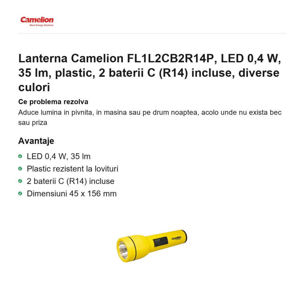 Lanterna Camelion FL1L2CB2R14P, LED 0,4 W, 35 lm, plastic, 2 baterii C (R14) incluse, diverse culori [2]