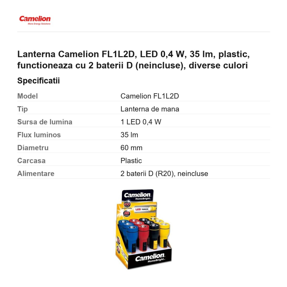 Lanterna Camelion FL1L2D, LED 0,4 W, 35 lm, plastic, functioneaza cu 2 baterii D (neincluse), diverse culori [3]
