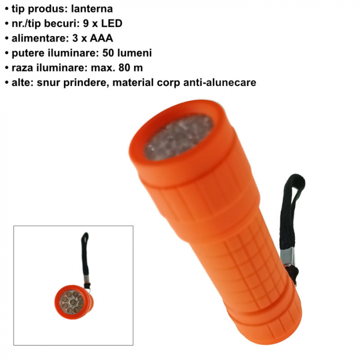 Lanterna cu 9 led-uri, Lamex 72826, cu prindere anti-alunecare, 100x30mm, 3xAAA, portocaliu [6]