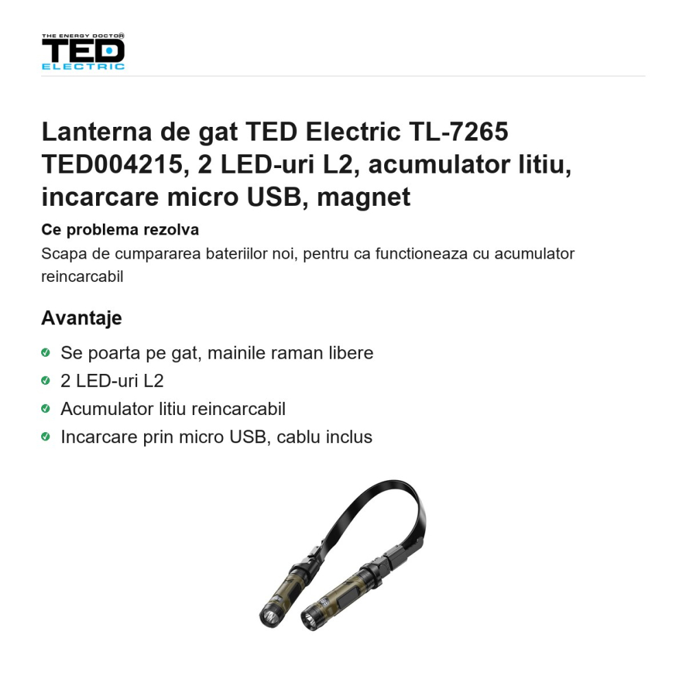 Lanterna de gat TED Electric TL-7265 TED004215, 2 LED-uri L2, acumulator litiu, incarcare micro USB, magnet [2]