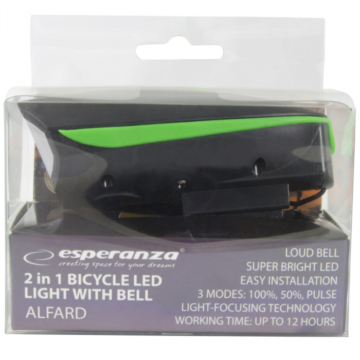 Lanterna LED cu sonerie bicicleta, Esperanza, 100 lm, fixare ghidon, 3 moduri iluminare, rezistenta apa [2]