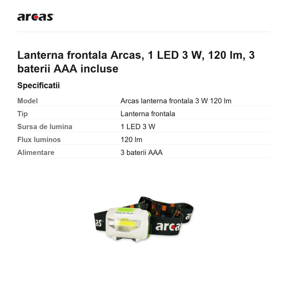 Lanterna frontala Arcas, 1 LED 3 W, 120 lm, 3 baterii AAA incluse [3]