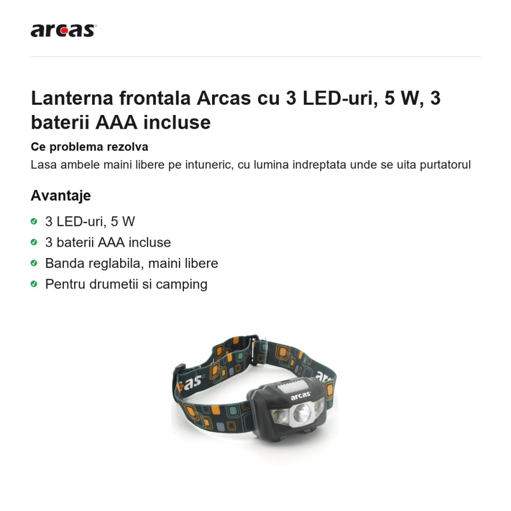 Lanterna frontala Arcas cu 3 LED-uri, 5 W, 3 baterii AAA incluse [2]