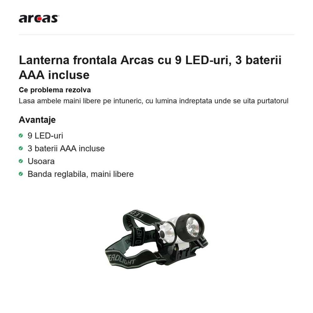 Lanterna frontala Arcas cu 9 LED-uri, 3 baterii AAA incluse [2]