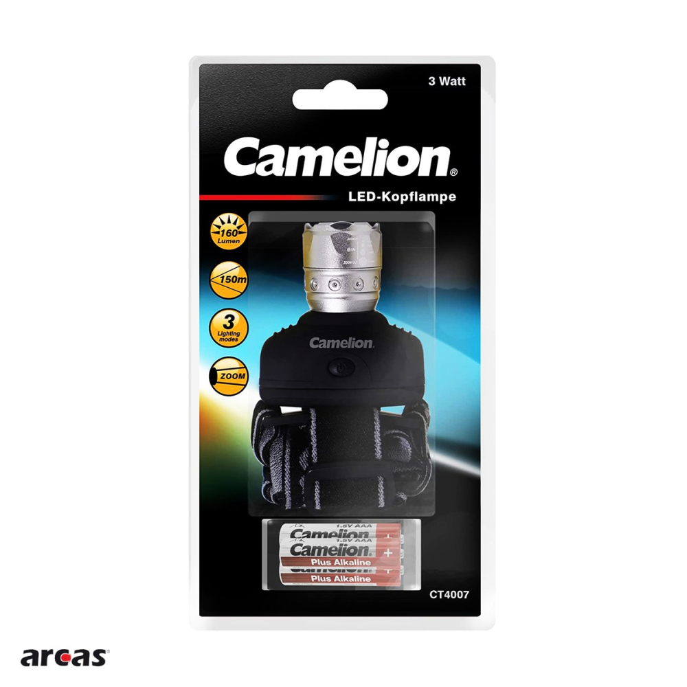 Lanterna frontala Camelion Arcas, LED 3 W, zoom, 3 moduri de iluminare, 3 baterii AAA incluse [4]