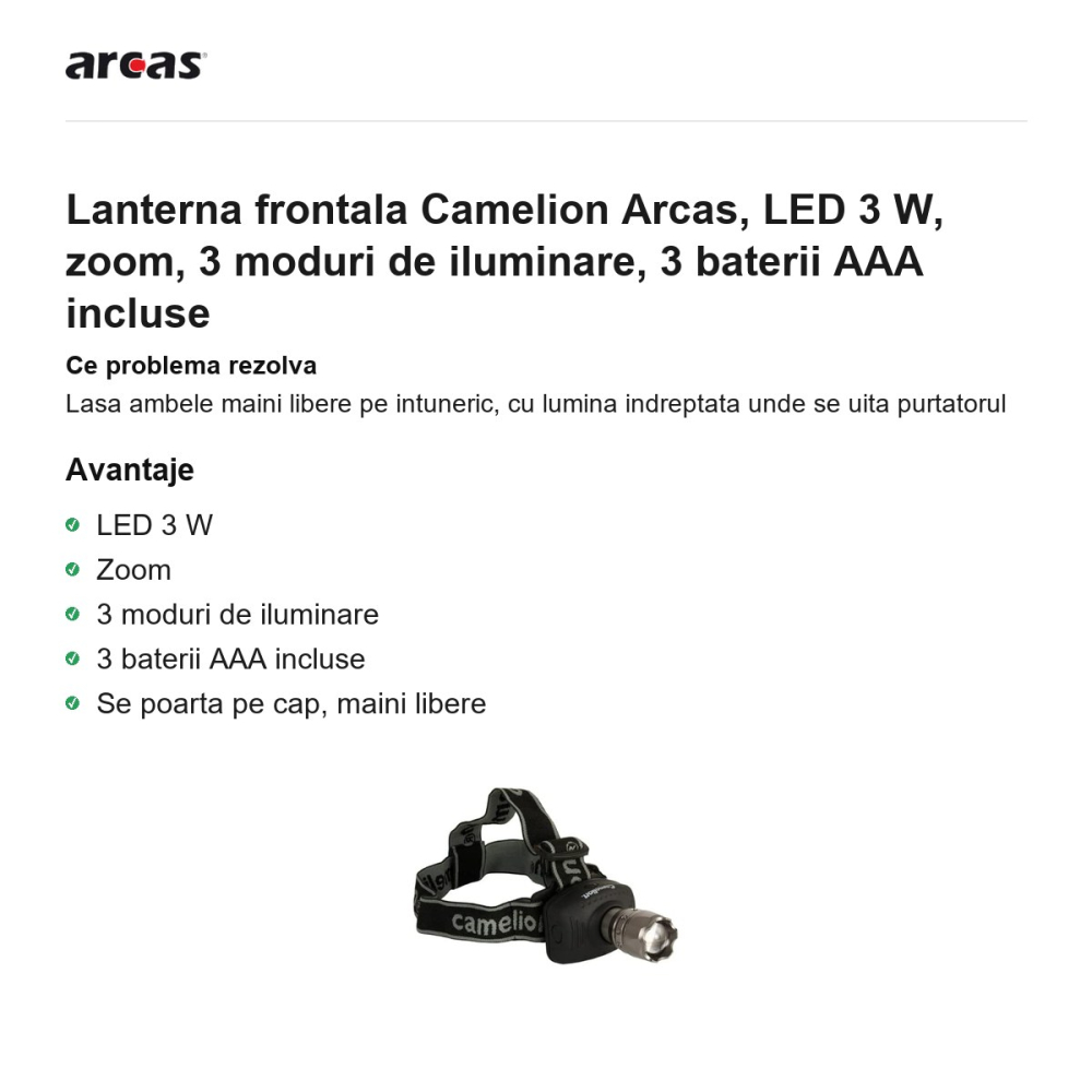 Lanterna frontala Camelion Arcas, LED 3 W, zoom, 3 moduri de iluminare, 3 baterii AAA incluse [2]