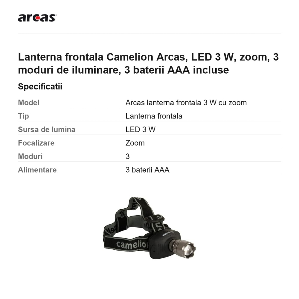 Lanterna frontala Camelion Arcas, LED 3 W, zoom, 3 moduri de iluminare, 3 baterii AAA incluse [3]