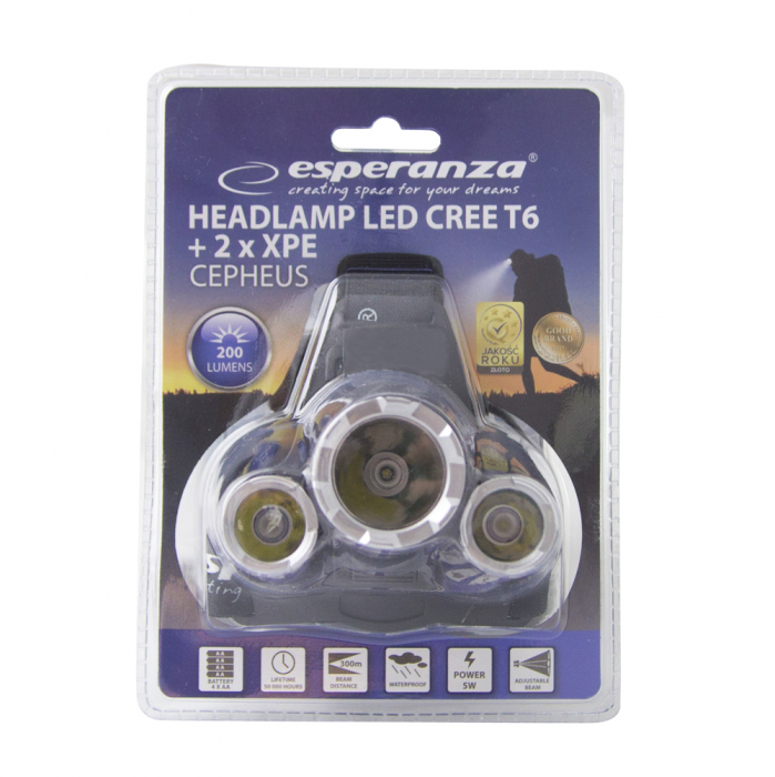 Lanterna frontala, Esperanza Cepheus, LED CREE T6 si doua diode XPE, inclinare reglabila, prindere cu banda elastica, alimentare 4 x AA [6]