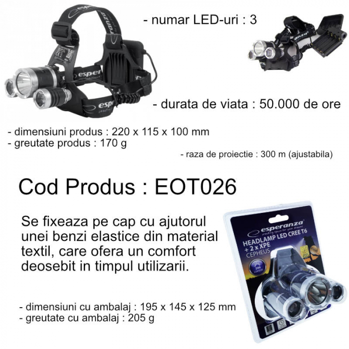 Lanterna frontala, Esperanza Cepheus, LED CREE T6 si doua diode XPE, inclinare reglabila, prindere cu banda elastica, alimentare 4 x AA [7]