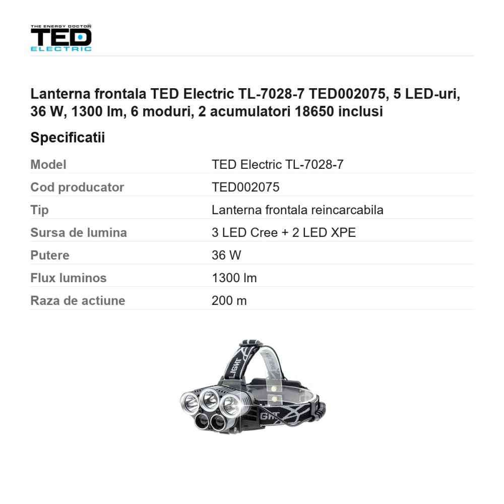 Lanterna frontala TED Electric TL-7028-7 TED002075, 5 LED-uri, 36 W, 1300 lm, 6 moduri, 2 acumulatori 18650 inclusi [3]