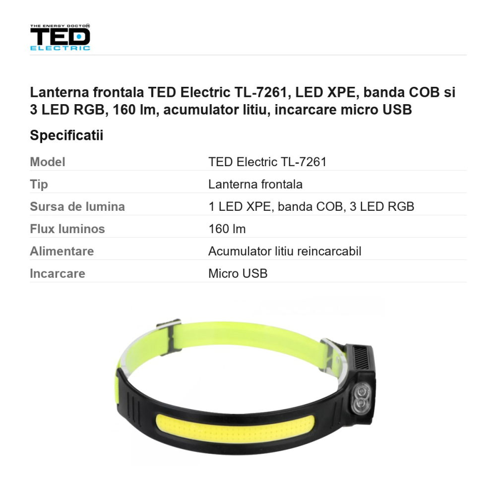 Lanterna frontala TED Electric TL-7261, LED XPE, banda COB si 3 LED RGB, 160 lm, acumulator litiu, incarcare micro USB [3]