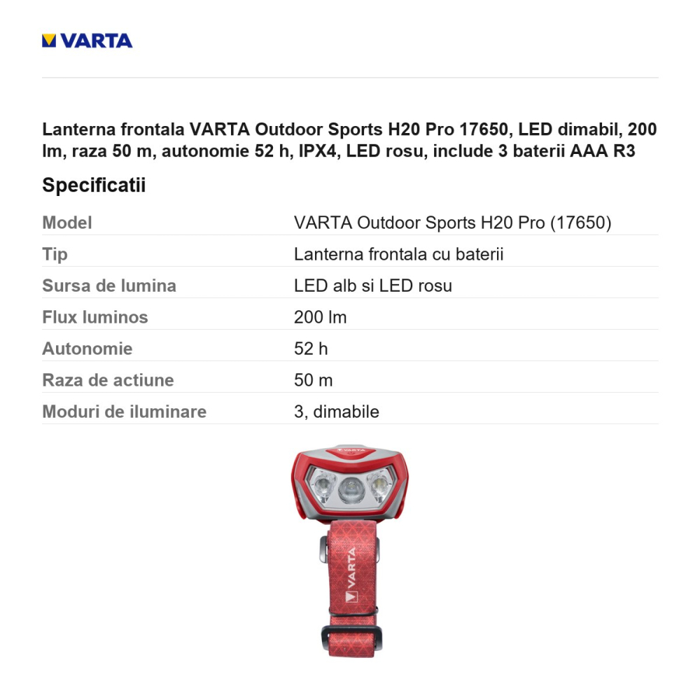 Lanterna frontala VARTA Outdoor Sports H20 Pro 17650, LED dimabil, 200 lm, raza 50 m, autonomie 52 h, IPX4, LED rosu, include 3 baterii AAA R3 [3]