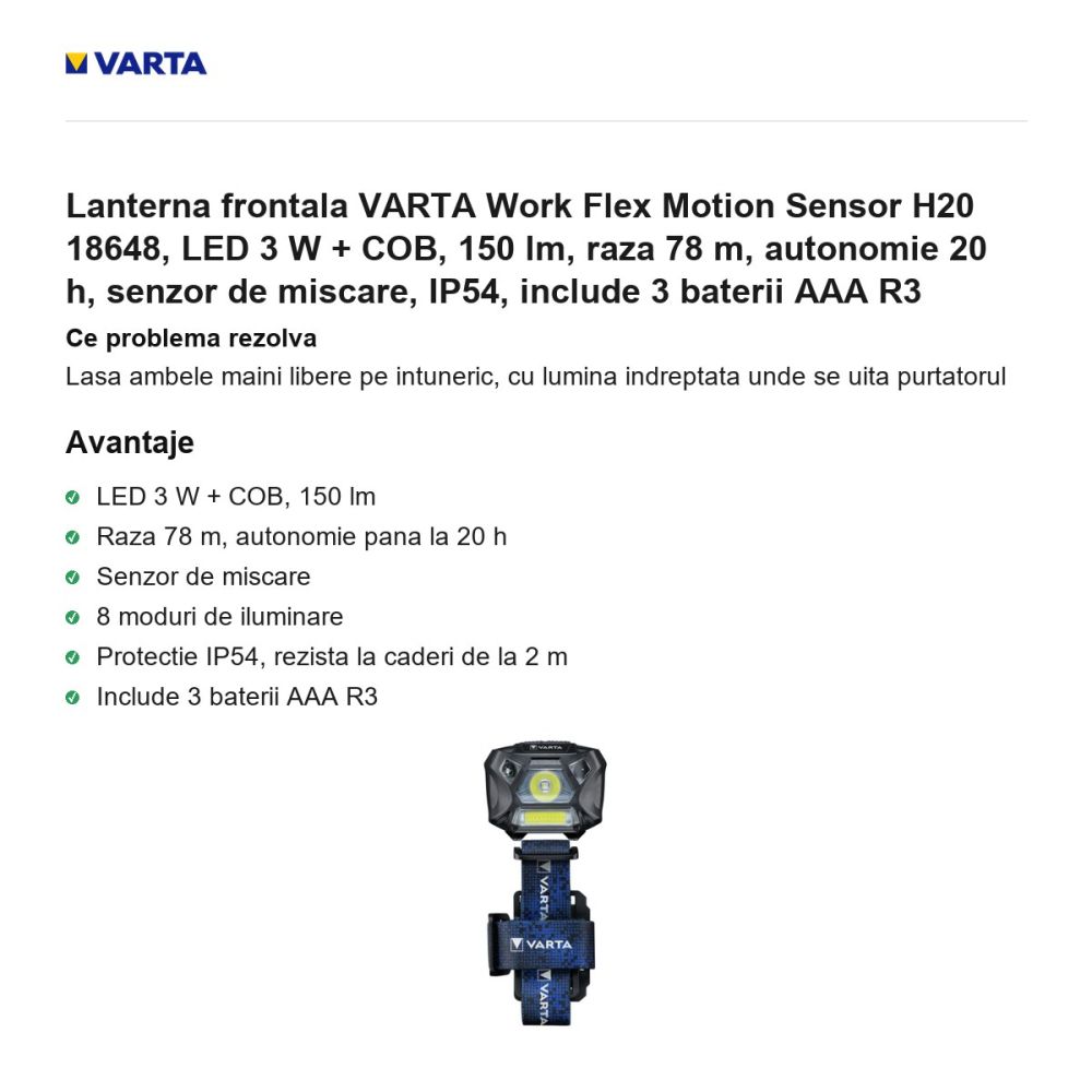 Lanterna frontala VARTA Work Flex Motion Sensor H20 18648, LED 3 W + COB, 150 lm, raza 78 m, autonomie 20 h, senzor de miscare, IP54, include 3 baterii AAA R3 [2]