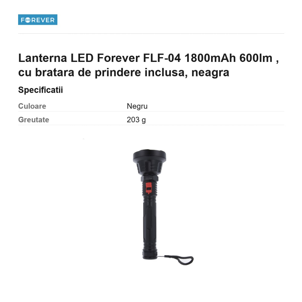 Lanterna LED Forever FLF-04 1800mAh 600lm , cu bratara de prindere inclusa, neagra [3]