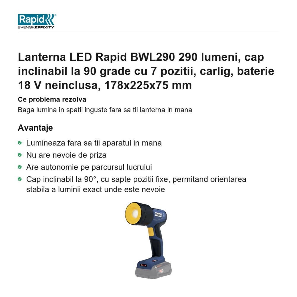 Lanterna LED Rapid BWL290 290 lumeni, cap inclinabil la 90 grade cu 7 pozitii, carlig, baterie 18 V neinclusa, 178x225x75 mm [2]