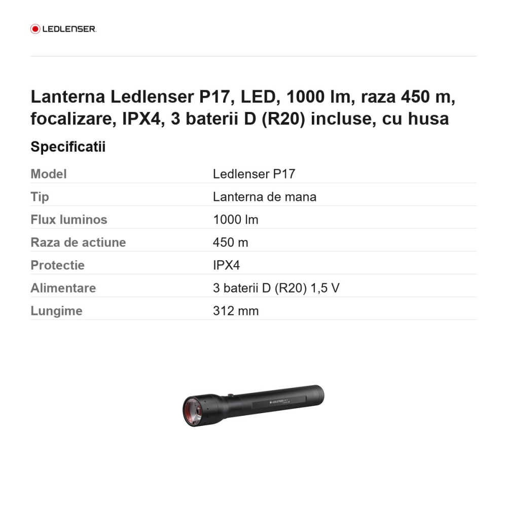 Lanterna Ledlenser P17, LED, 1000 lm, raza 450 m, focalizare, IPX4, 3 baterii D (R20) incluse, cu husa [3]