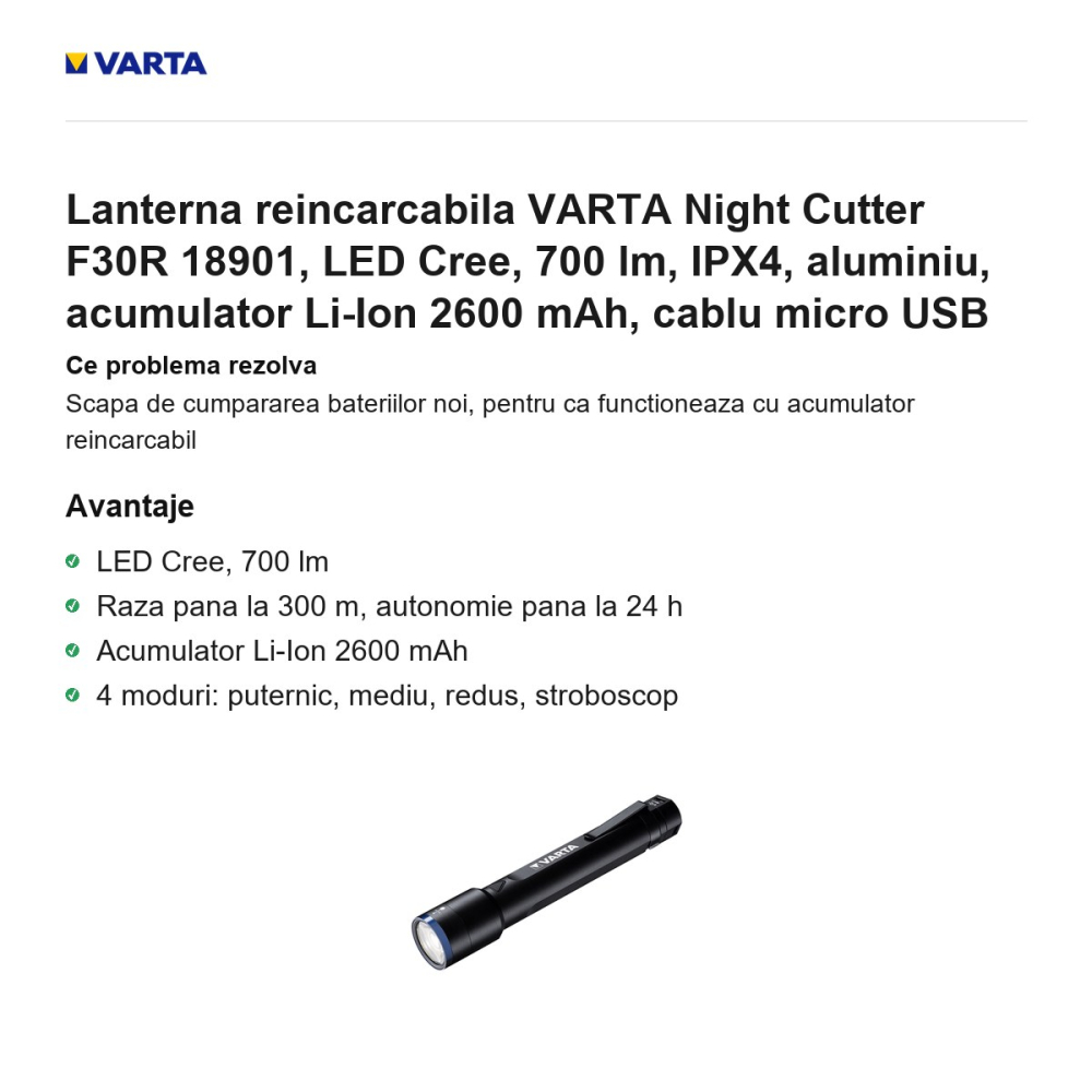 Lanterna reincarcabila VARTA Night Cutter F30R 18901, LED Cree, 700 lm, IPX4, aluminiu, acumulator Li-Ion 2600 mAh, cablu micro USB [2]