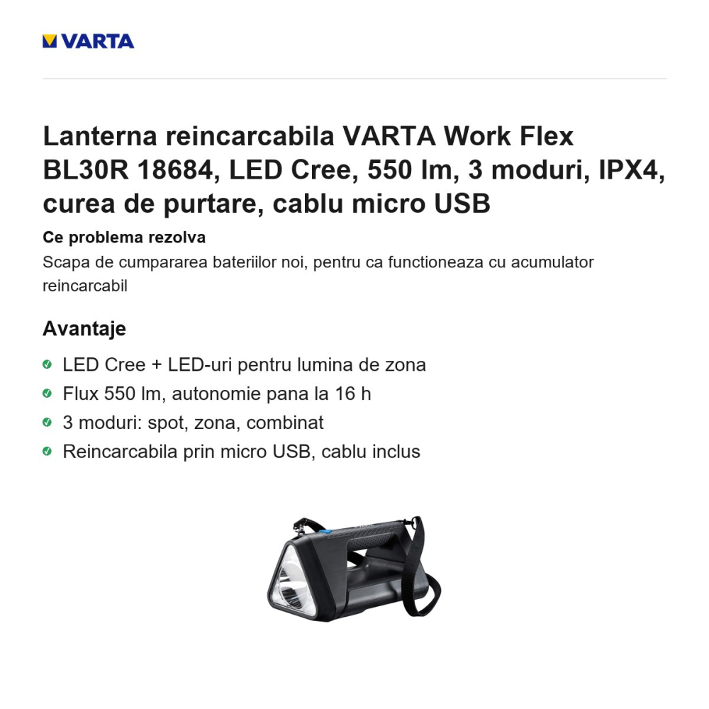 Lanterna reincarcabila VARTA Work Flex BL30R 18684, LED Cree, 550 lm, 3 moduri, IPX4, curea de purtare, cablu micro USB [2]