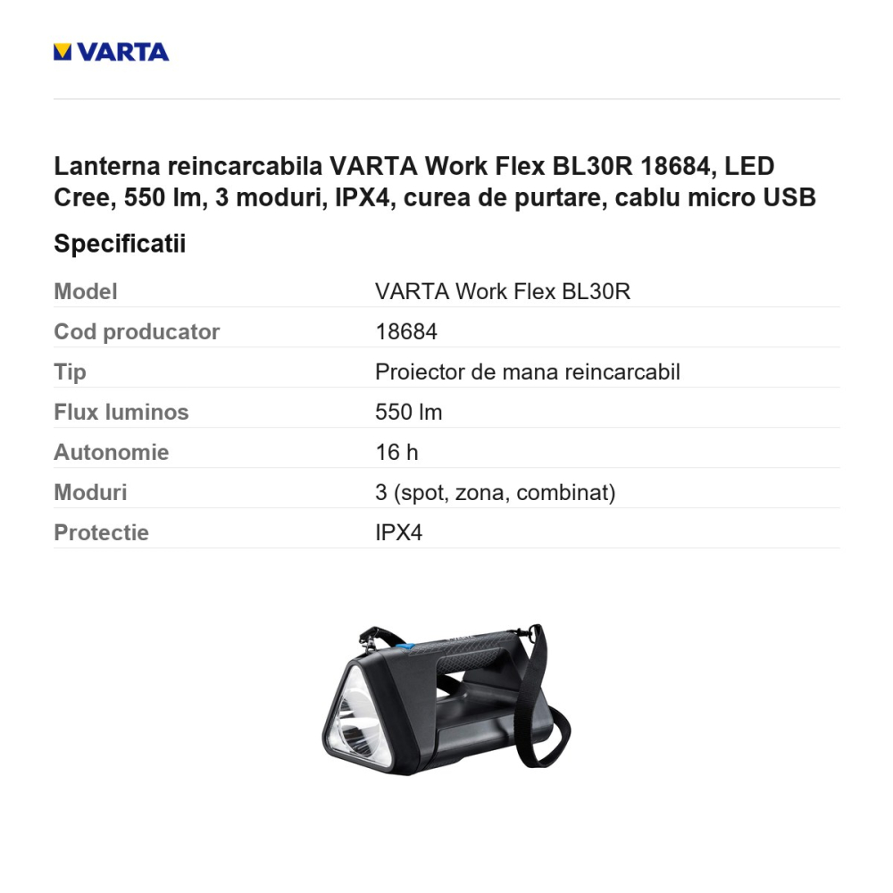 Lanterna reincarcabila VARTA Work Flex BL30R 18684, LED Cree, 550 lm, 3 moduri, IPX4, curea de purtare, cablu micro USB [3]