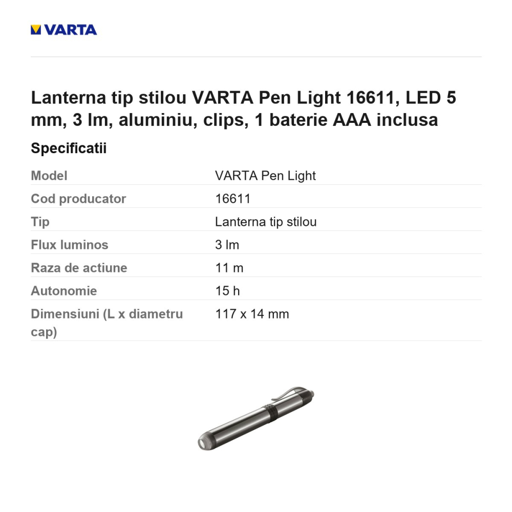 Lanterna tip stilou VARTA Pen Light 16611, LED 5 mm, 3 lm, aluminiu, clips, 1 baterie AAA inclusa [3]
