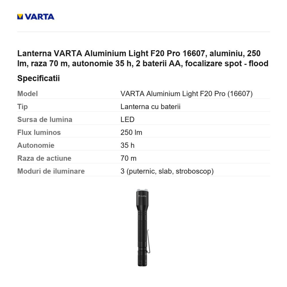 Lanterna VARTA Aluminium Light F20 Pro 16607, aluminiu, 250 lm, raza 70 m, autonomie 35 h, 2 baterii AA, focalizare spot - flood [3]