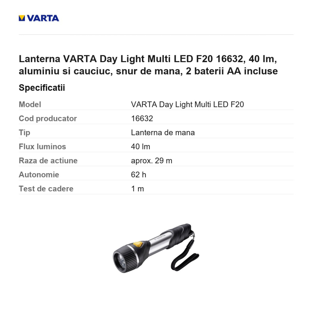 Lanterna VARTA Day Light Multi LED F20 16632, 40 lm, aluminiu si cauciuc, snur de mana, 2 baterii AA incluse [3]