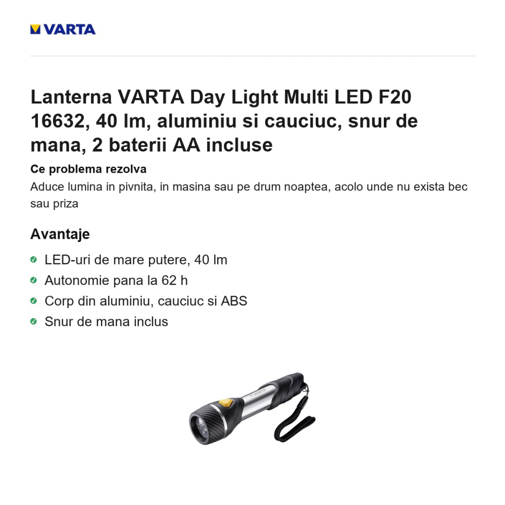 Lanterna VARTA Day Light Multi LED F20 16632, 40 lm, aluminiu si cauciuc, snur de mana, 2 baterii AA incluse [2]