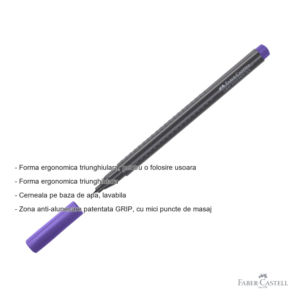Liner 0.4 mm albastru-violet Faber-Castell Grip, forma ergonomica triunghiulara, cerneala lavabila [2]