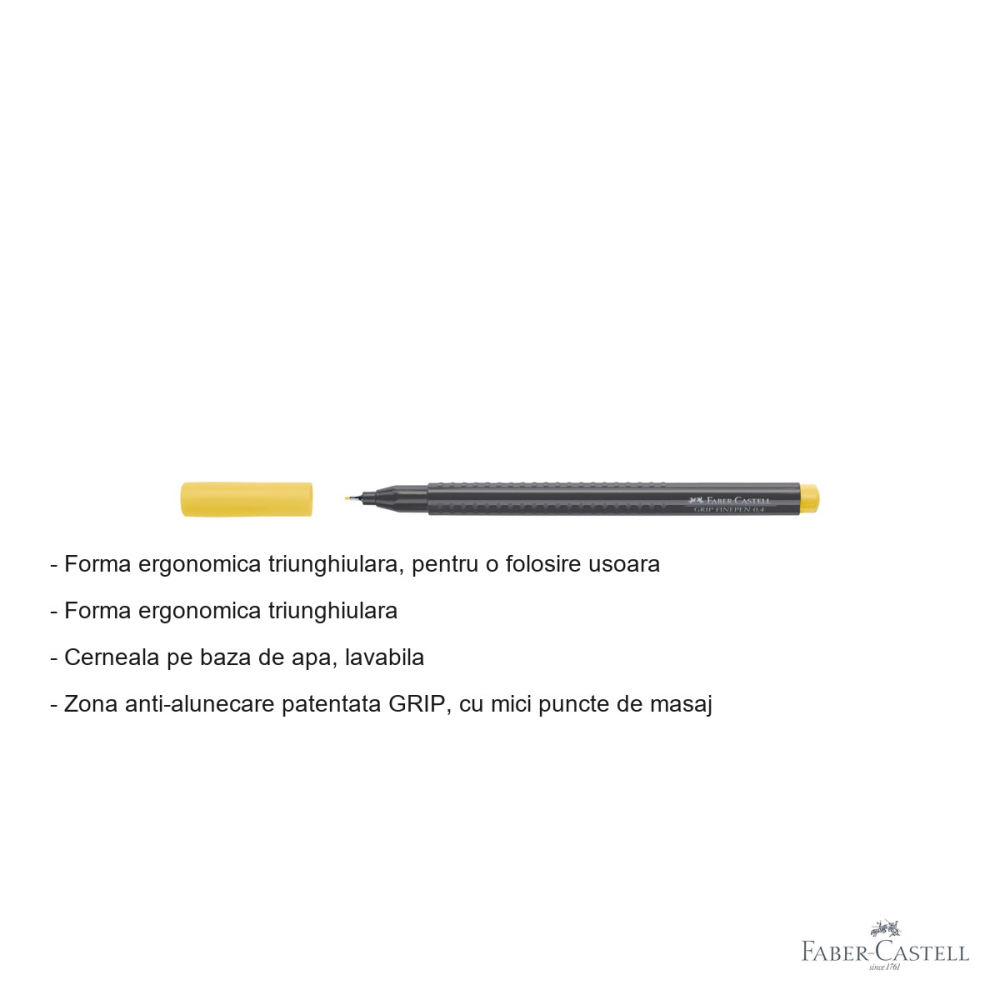 Liner 0.4 mm galben Faber-Castell Grip, forma ergonomica triunghiulara, pentru desen tehnic si scris precis [2]