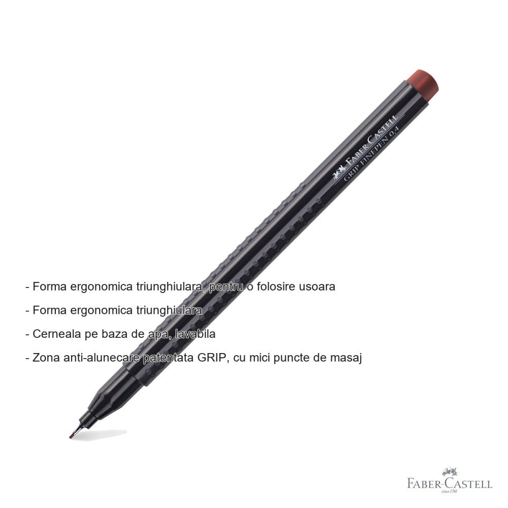 Liner 0.4 mm maro Faber-Castell Grip, forma ergonomica triunghiulara, pentru desen tehnic si scriere precisa [2]