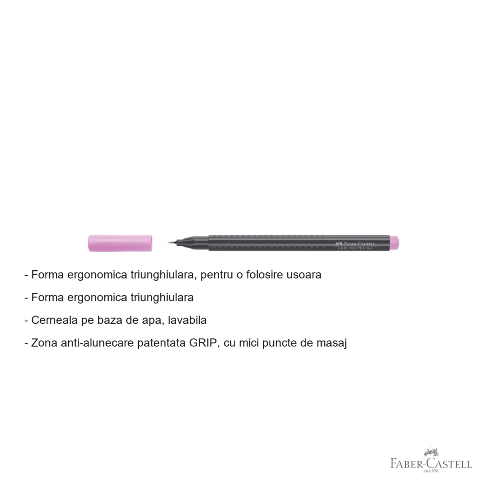 Liner 0.4 mm roz magenta Faber-Castell Grip, cerneala lavabila, pentru desen tehnic si scriere precisa [2]