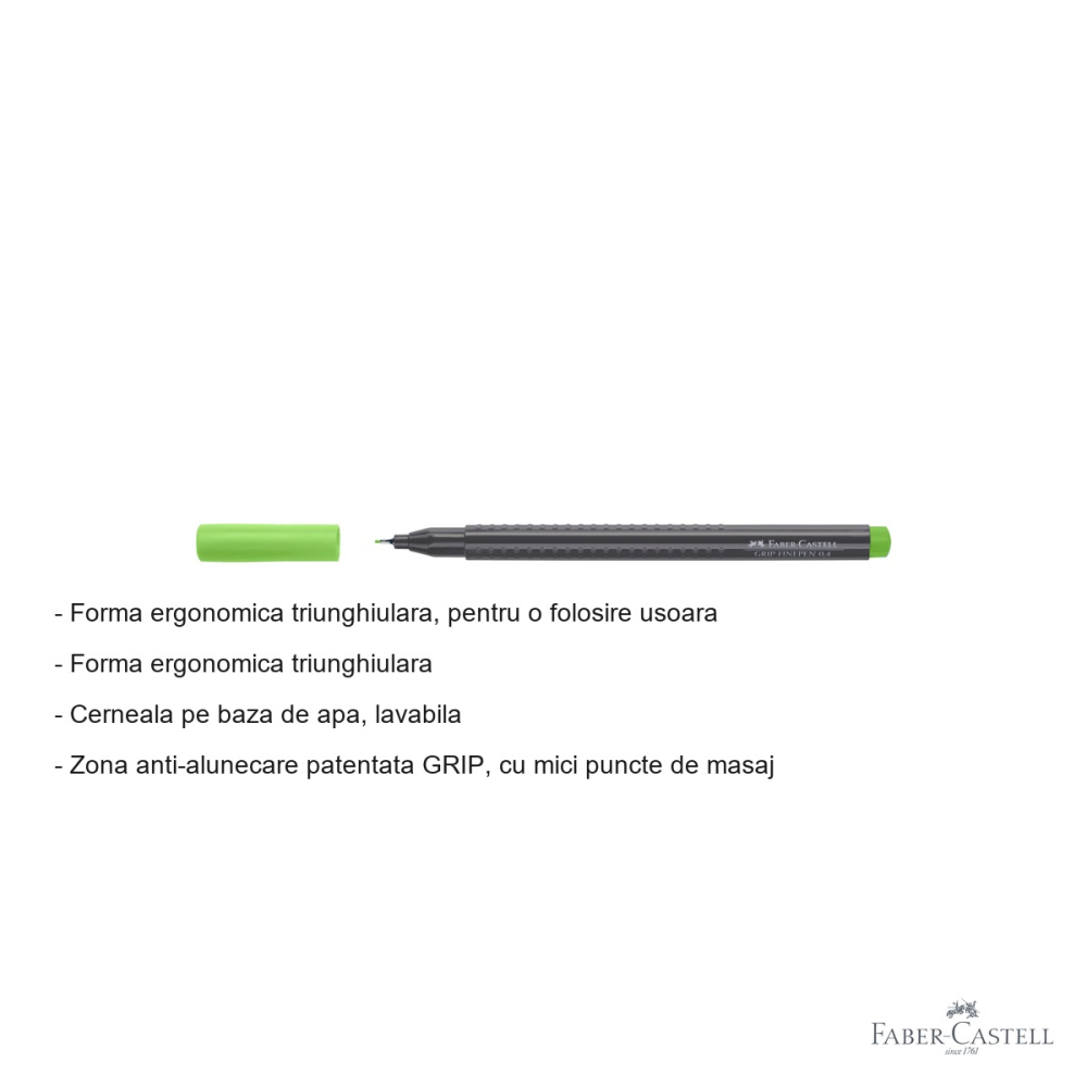 Liner 0.4 mm verde iarba Faber-Castell Grip, forma ergonomica triunghiulara, pentru desen tehnic si scris [2]
