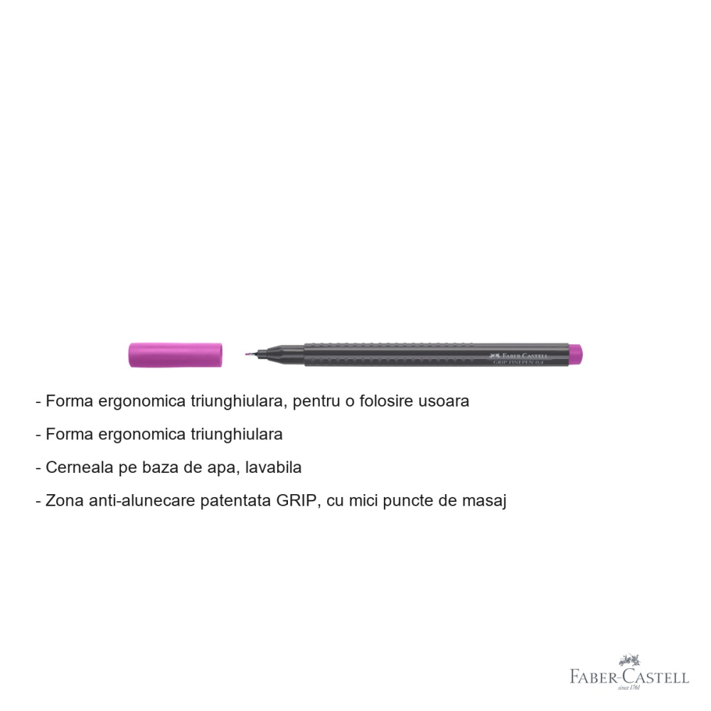 Liner 0.4 mm violet Faber-Castell Grip, forma ergonomica triunghiulara, cerneala lavabila [2]